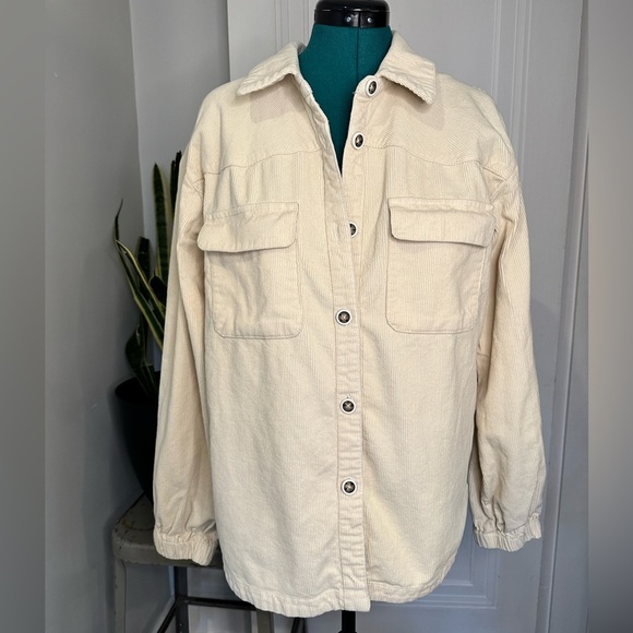 Velvet Heart Corduroy Shacket Shirt Jacket Women Size L Ivory Utility Pockets - Picture 1 of 13